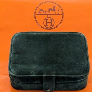 Rare Vintage Hermes Green Velvet Jewelry Trinket Box